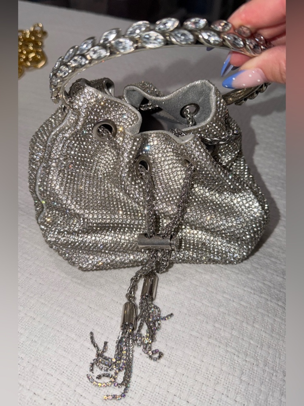 Silver Crystal Drawstring Mini Bag